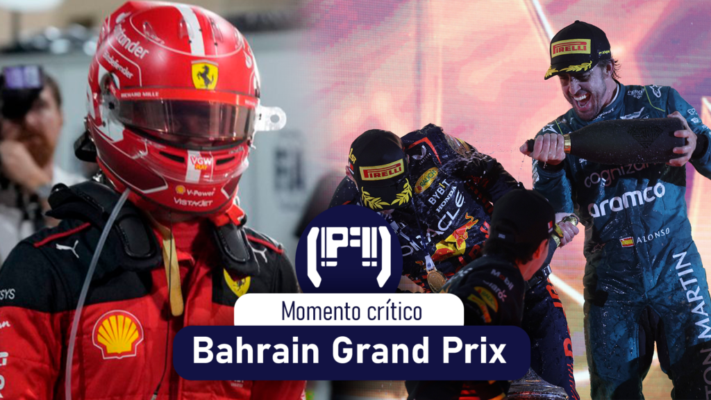 Imagen con Fernando Alonso festejando junto a Max Verstappen su podio en el Gran Premio de Bahrain de la Fórmula 1. Carlos Sainz a un lado posterior a su abandono. el logo de PilotandoF1