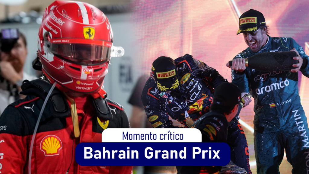 Imagen con Fernando Alonso festejando junto a Max Verstappen su podio en el Gran Premio de Bahrain de la Fórmula 1. Carlos Sainz a un lado posterior a su abandono.