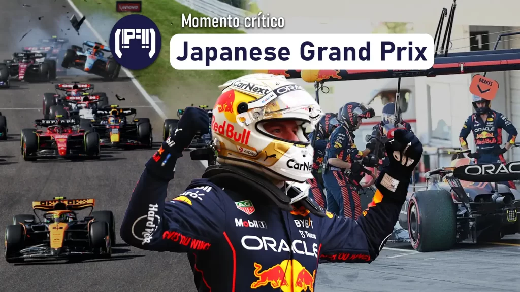 Max Verstappen, ganador del Gran Premio de Japón, con la colisión de Checo Pérez, Lewis Hamilton, Carlos Sainz y más atrás la colisión de Alex Albon y Valteri Bottas en la Fórmula 1. De la izquierdo, Sergio Pérez retirando el coche en los pits de Suzuka.