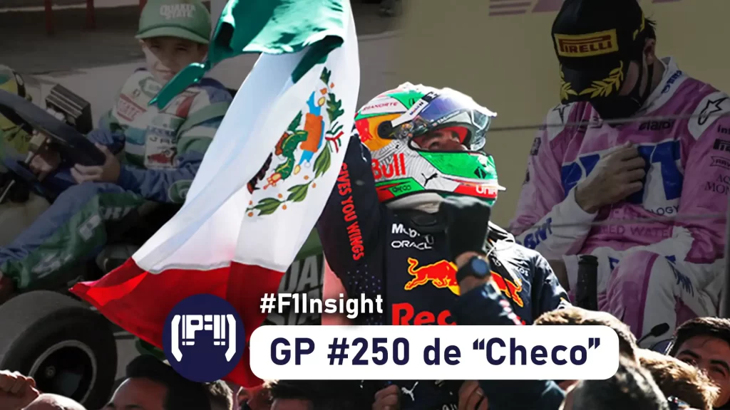 Banner Checo Pérez celebrendo en Redbull Racing con bandera de México. de Fondo Sergio Pérez de niño y en su victoria con Racing Point F1