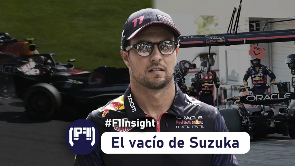 Sergio Checo Pérez en Suzuka. De fondo el choque que tuvo con Kevin Magnussen en el lado derecho y en el izquierdo el monoplaza de Red Bull en los Pits.