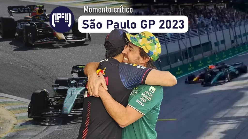 Sergio "Checo" Pérez abrazando a Fernando Alonso después del Gran Premio de Sao Paulo, Brasil 2023. En la izquierda Checo tratando de rebasar a Alonso y en la derecha el final del Gran Premio.