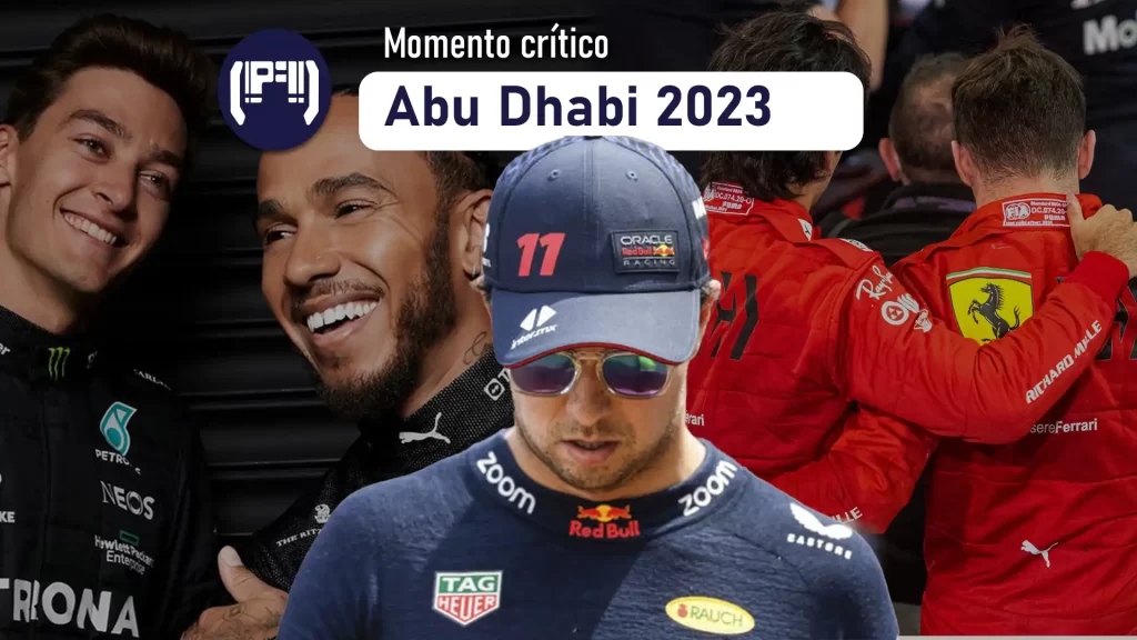 Momento crítico del Gran Premio de Abu Dhabi 2023 con Checo Pérez. los pilotos de Ferrari de fondo a la derecha y de fondo a la izquierda los pilotos de Mercedes de la Formula 1 2023