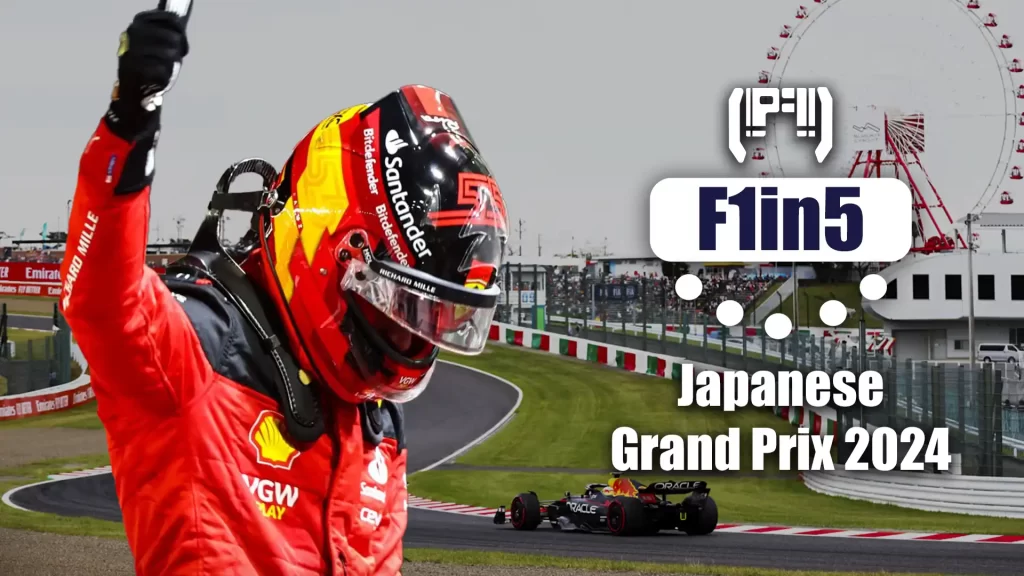 F1 japanese gp 2024 f1in5. Imagen con Carlos Sainz celebrando y las S de Suzuka de fondo.